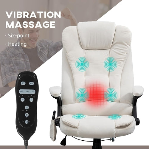 Cream White Velvet 6 Point Vibrating Heated Massage Office Chair
